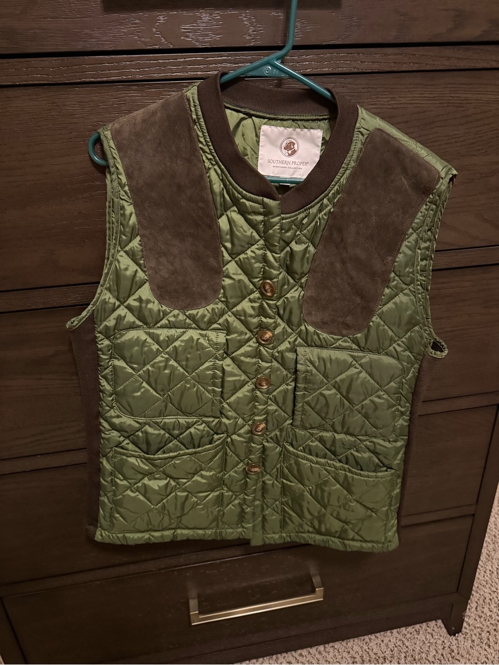 Southern Proper Olive Quilted men’s Vest with Suede Shoulders
